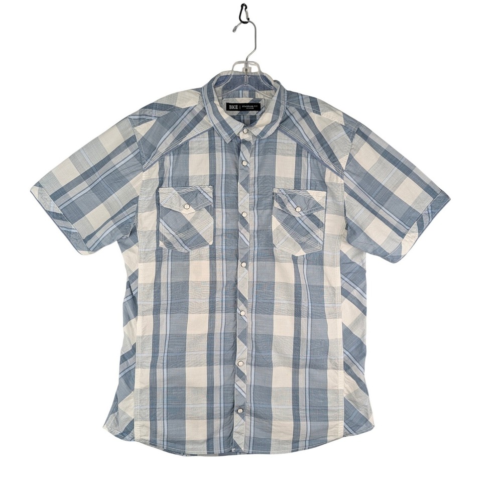 BKE Button Up Shirt Mens XL Blue Plaid Short Sleeve Pearl Snap Standard Fit